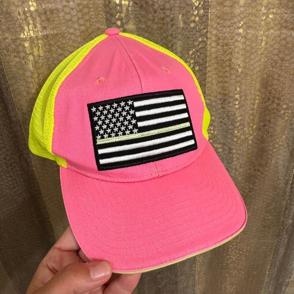 Neon Pink Yellow Black American Flag Trucker Style Hat OS